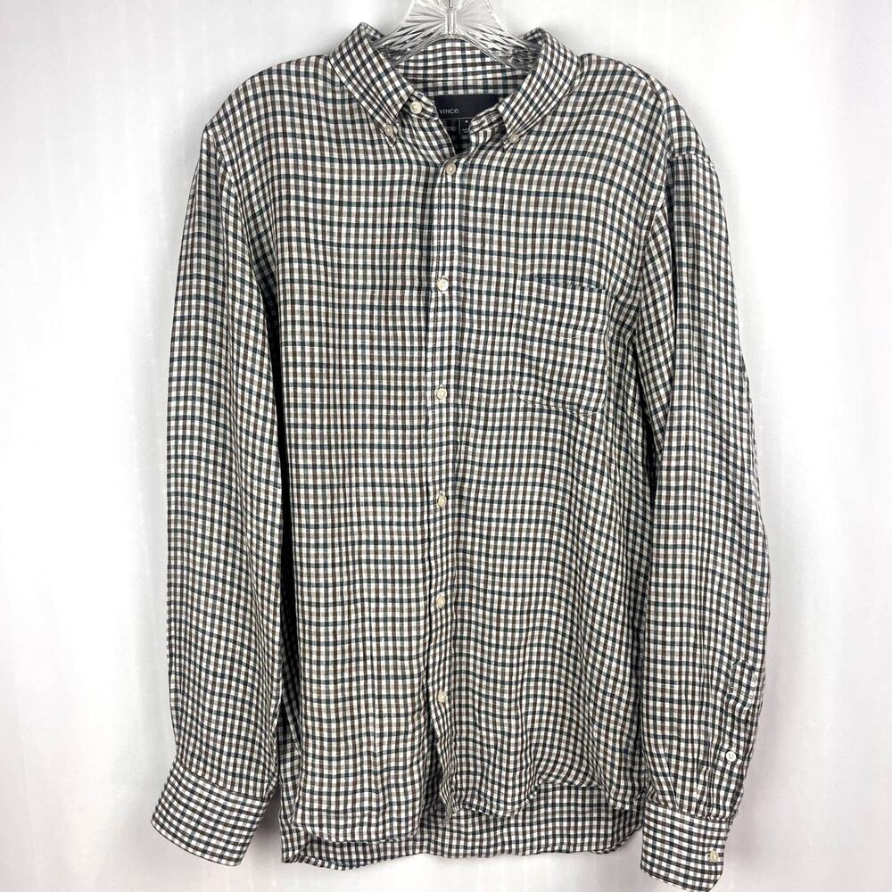Vince Linen Shirt Size M Teal Blue Brown Gingham Check Academia Preppy Classic